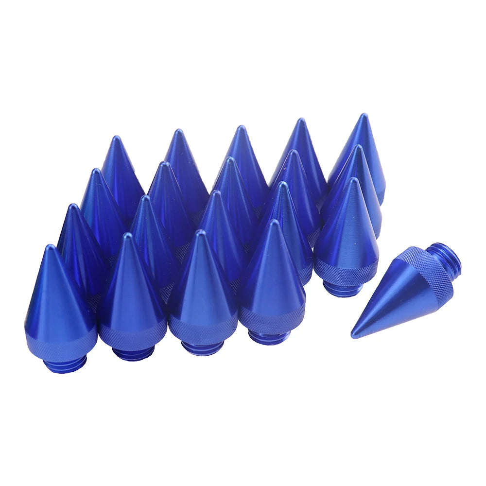 Twelve blue aluminum lug nuts with conical tips, for racing-inspired car styling.