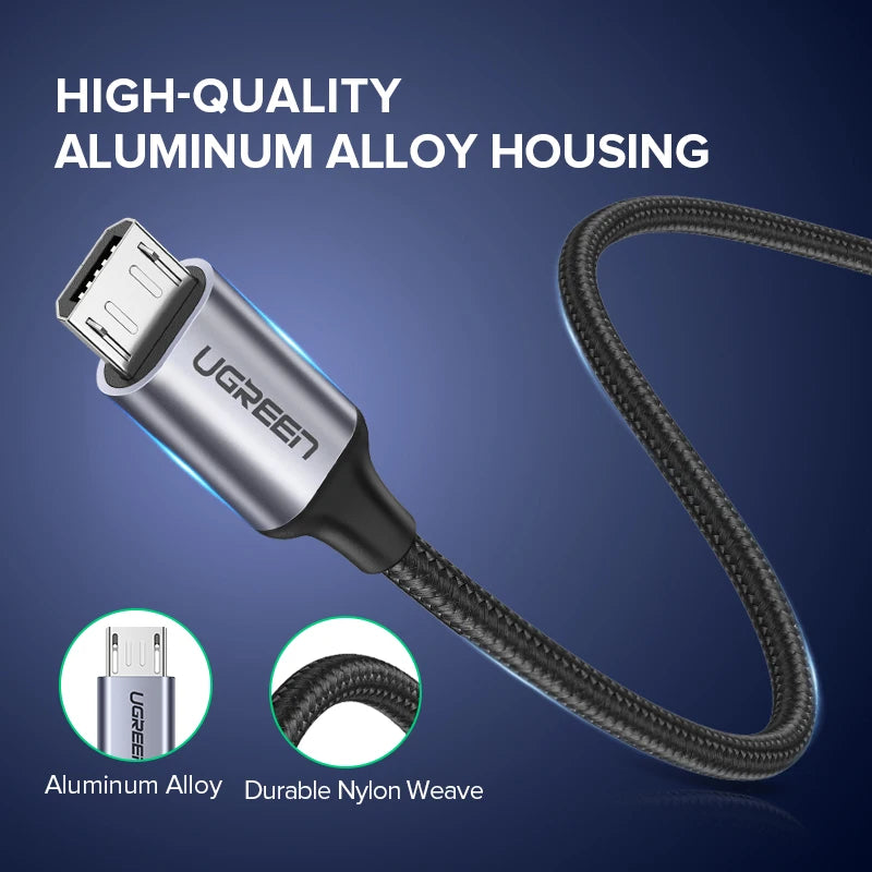 'Ugreen Micro USB-C to USB-A 2A fast charge cable in nylon. Length: 1.5m/4.9ft. Data sync. Compatible with phones, tablets, a