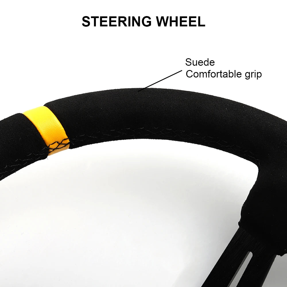 14-inch suede steering wheel for universal JDM drift racing. Compatible with BMW E-Type cars and PC gaming rigs.