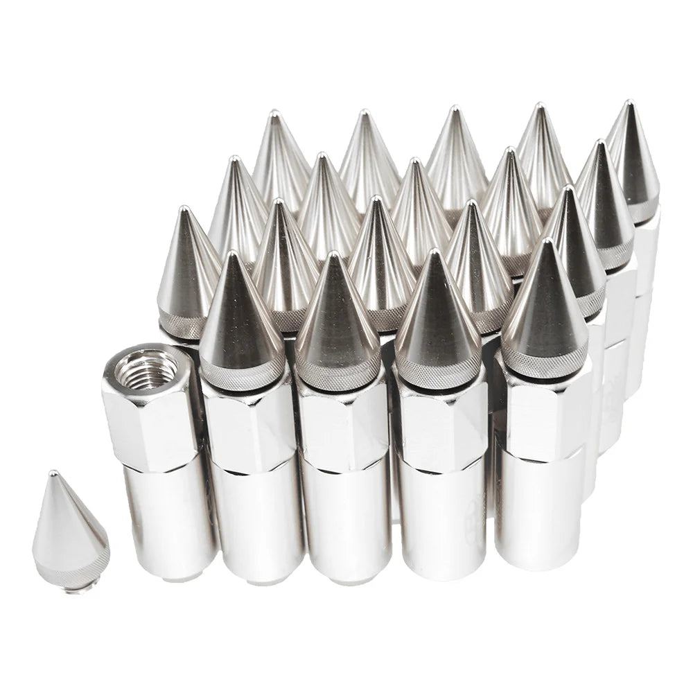"Set of 8 stainless steel lug nuts with extended 60mm length, aluminum construction."