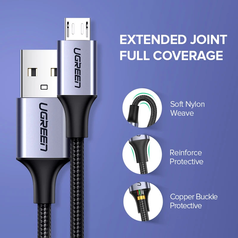Ugreen 2A Nylon Micro USB-C cable — fast charging for phones and accessories. Durable nylon jacket, USB-C to USB-A. 3.3ft/1m 