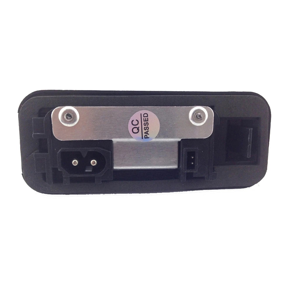 Black plastic license plate light housing with metal latch for BMW E36 vehicles (1992-1998).