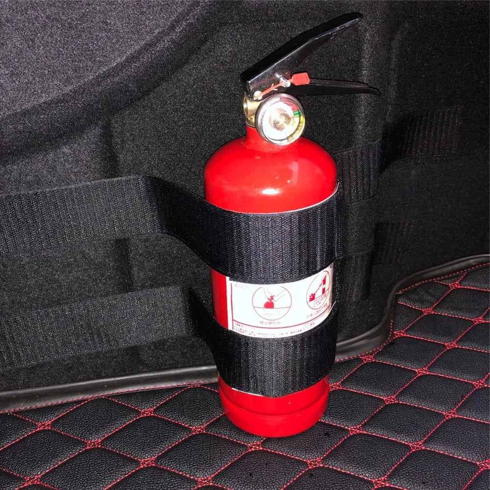 'Fire extinguisher set with trunk belt storage. Car emergency essential.'