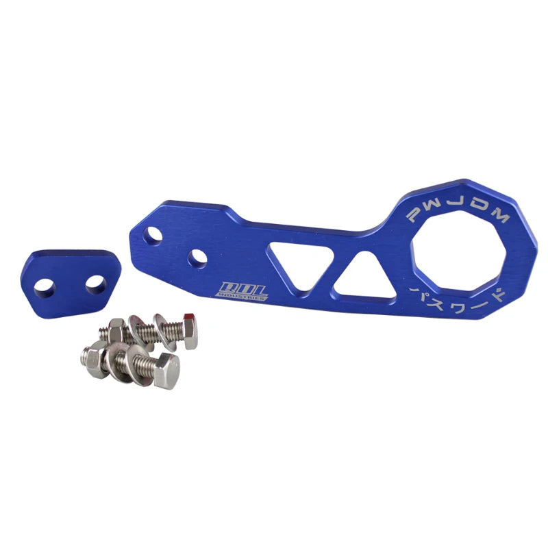"Aluminum RS-TH004 tow hook for Honda Civic RS model. Blue anodized finish with attached screw."