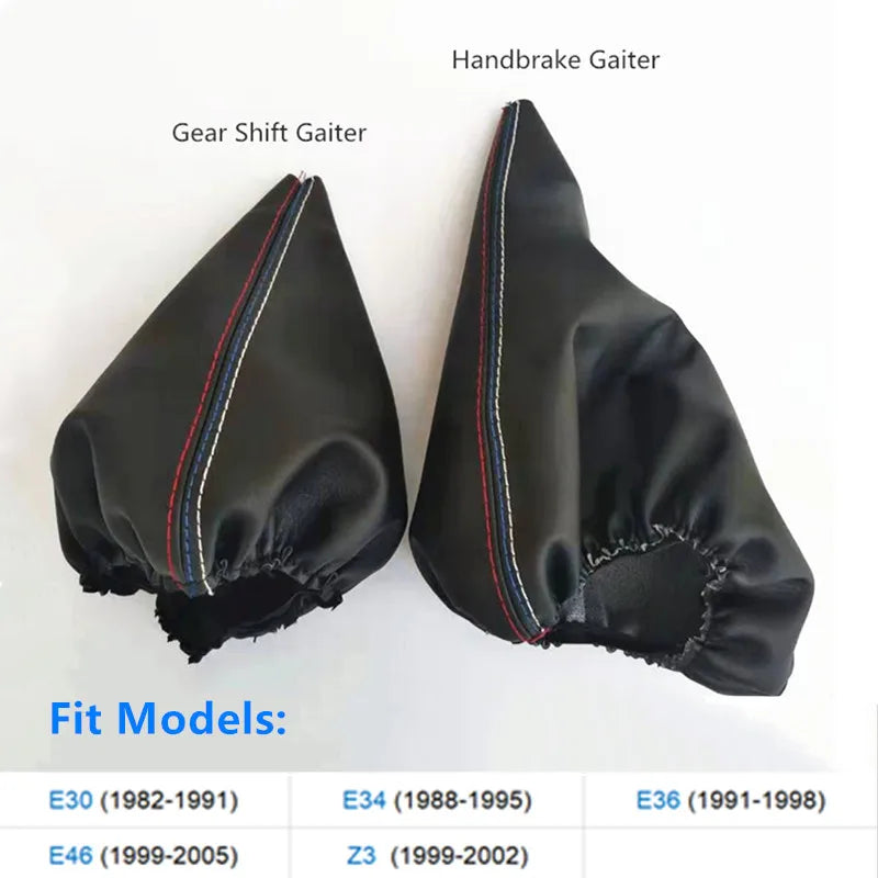 Black leather gear shift knob and handbrake cover set for BMW 3 Series, E30, E34, E36, E46, M3, Z3.