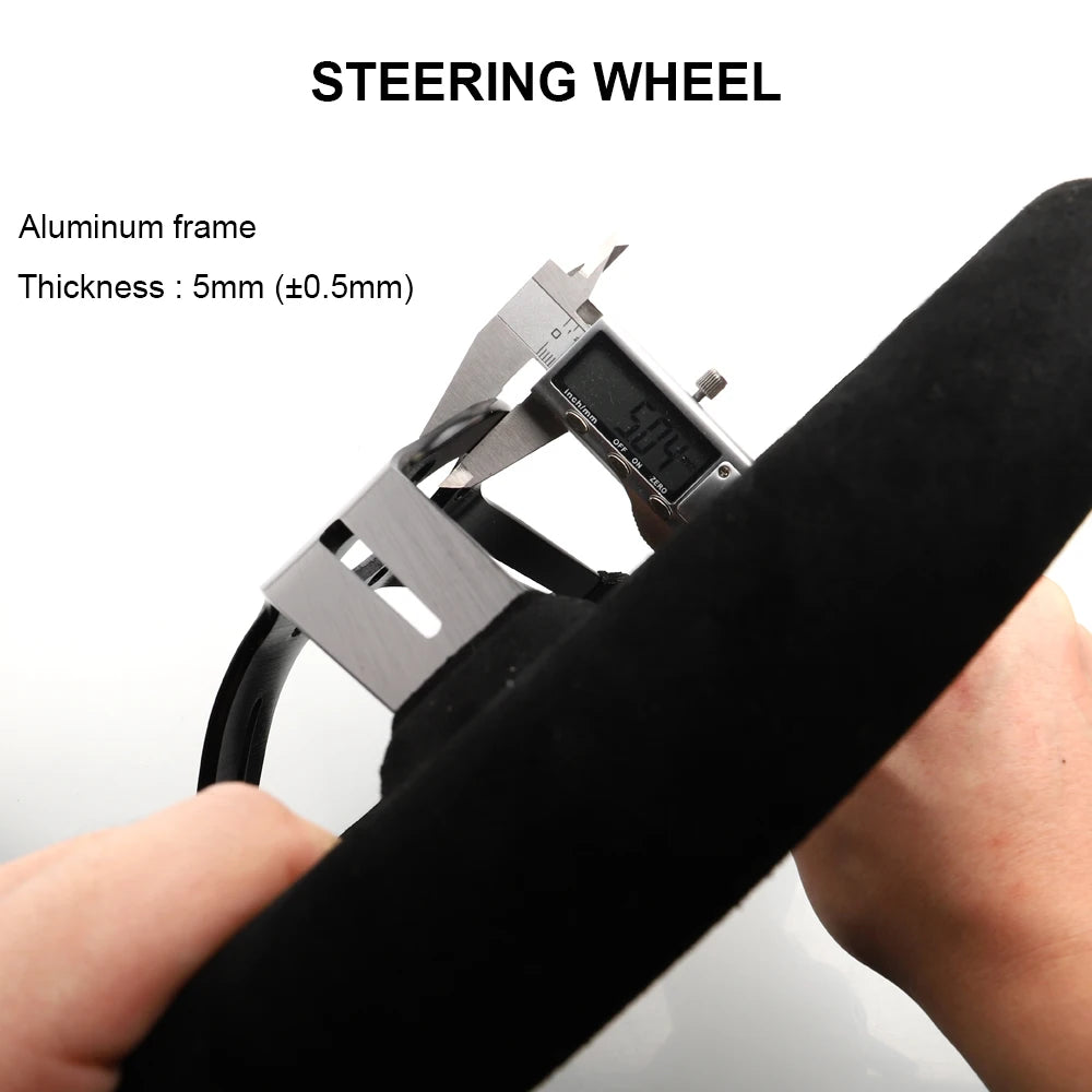 Black handle suede racing wheel, 14 inches in diameter, for use with car or PC gaming rigs.