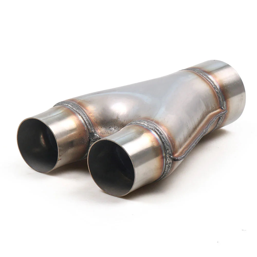 'Universal SS Y-Pipe adapter (TT102125): 2x 2.5" OD pipes for M42/M44/E36/E46/Z3 fitment. Polished finish.'