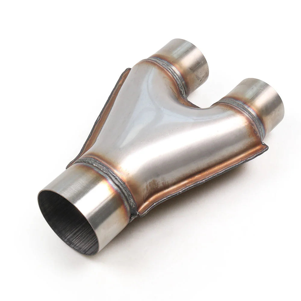 Close-up of polished stainless steel Y-pipe adapter (TT102125), intended for universal exhaust upgrades. Keyword: Exhaust ada
