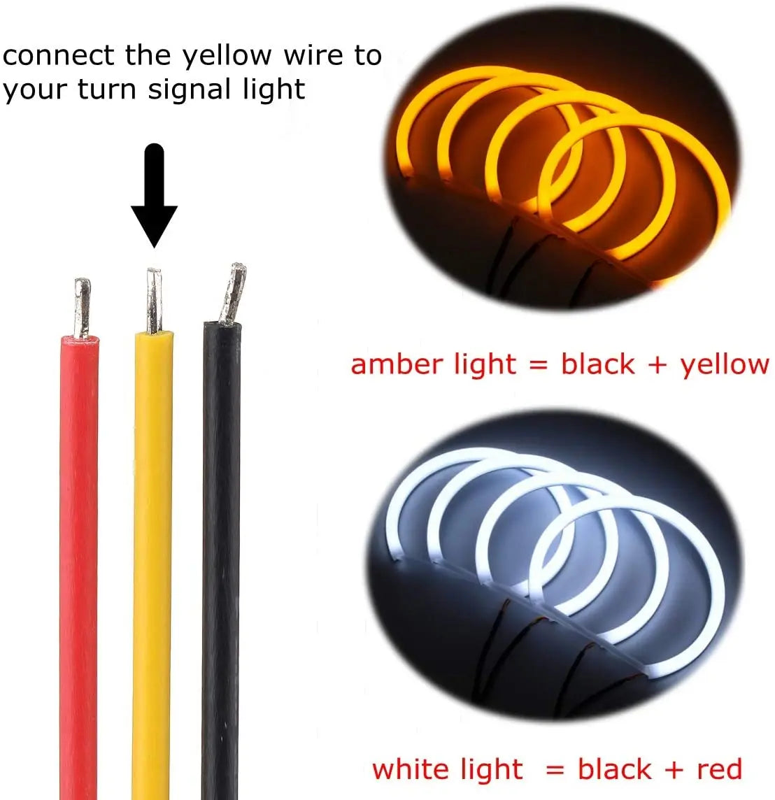 Four BMW E36/E39 LED Halo Rings in white and amber. White for normal use, amber for parking lights.