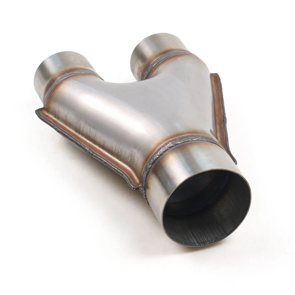 Stainless steel Y-pipe adapter with black connecting pipe. Fits universal exhaust systems. Measurements: TT102125. Profession