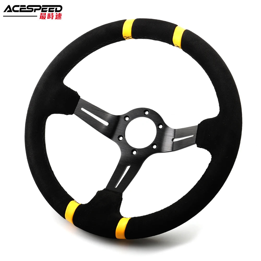 "Universal 14-inch suede steering wheel for car and PC gaming rigs. Compatible with various models including BMW E-Type."