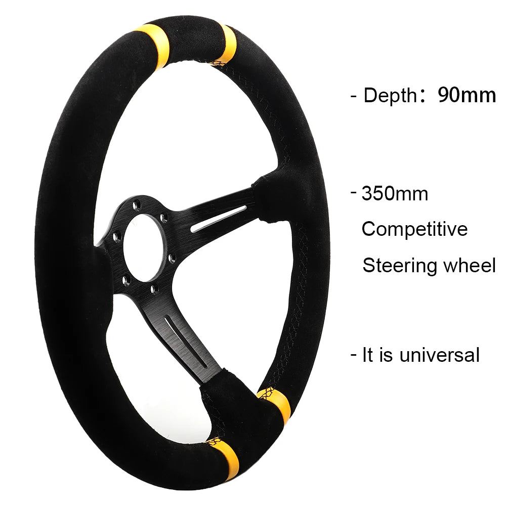 14-inch suede steering wheel for JDM drift racing. Universal fit for cars and PCs, not specific to BMW e-series.