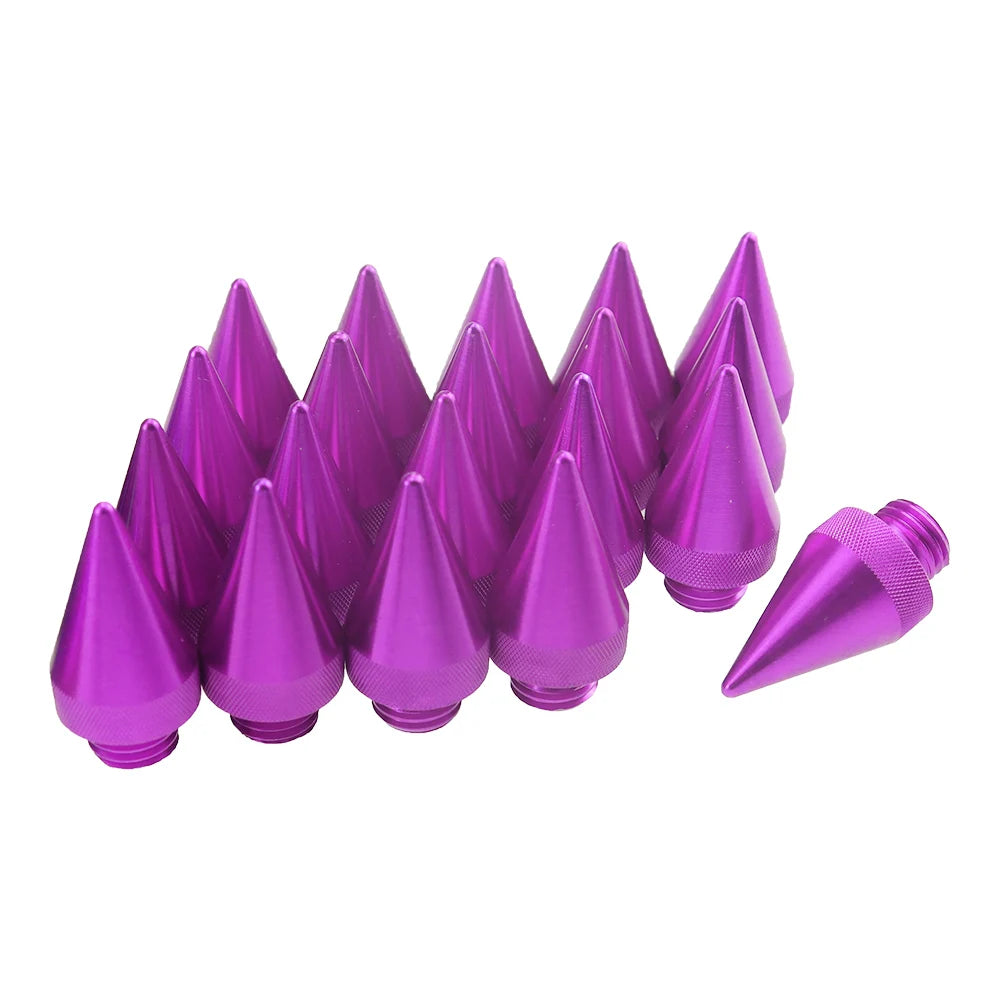 Set of 20 purple anodized aluminum lug nuts with conical tips.