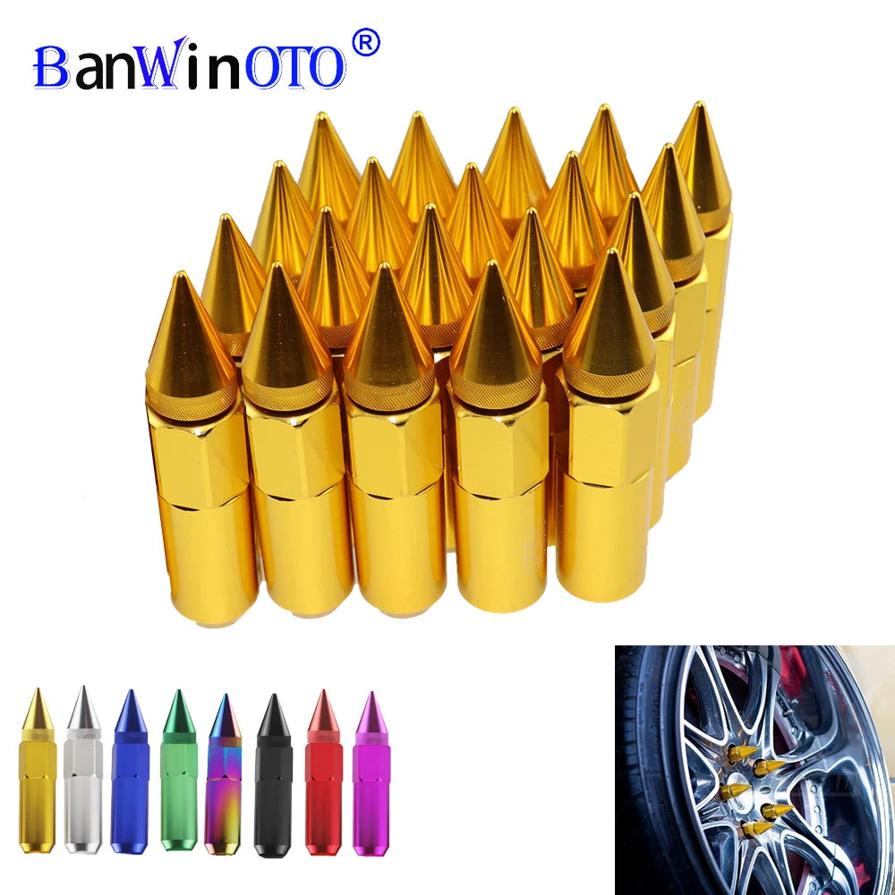 12pc set of extended 60mm aluminum lug nuts in gold finish (LGLM001) for JDM wheels.