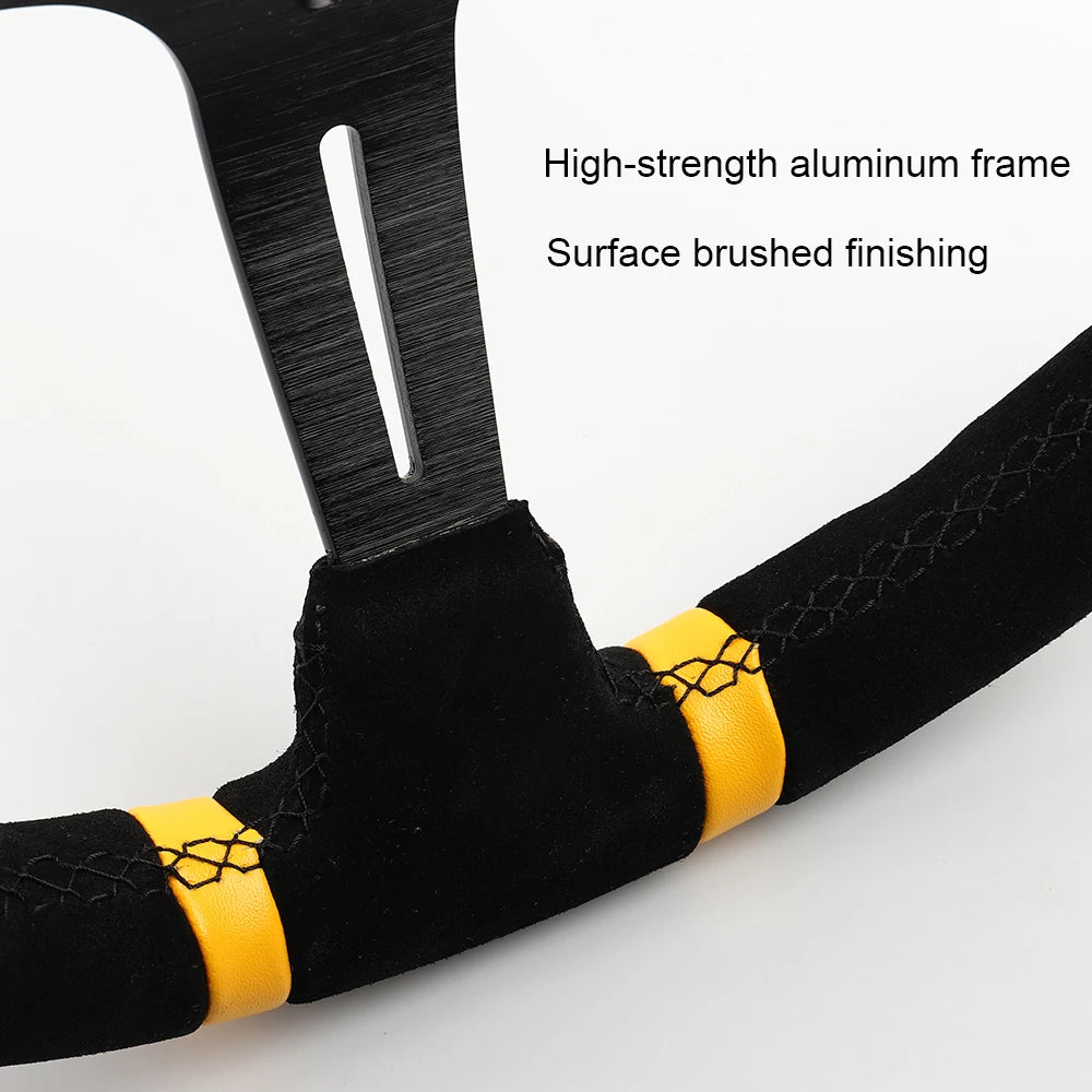 Suede racing wheel, 14 inches, black and yellow. Universal for car or PC gaming rigs.