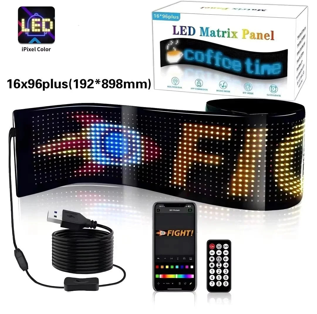 "2pc LED Matrix Panel: USB-programmable, app-controlled car display screens."