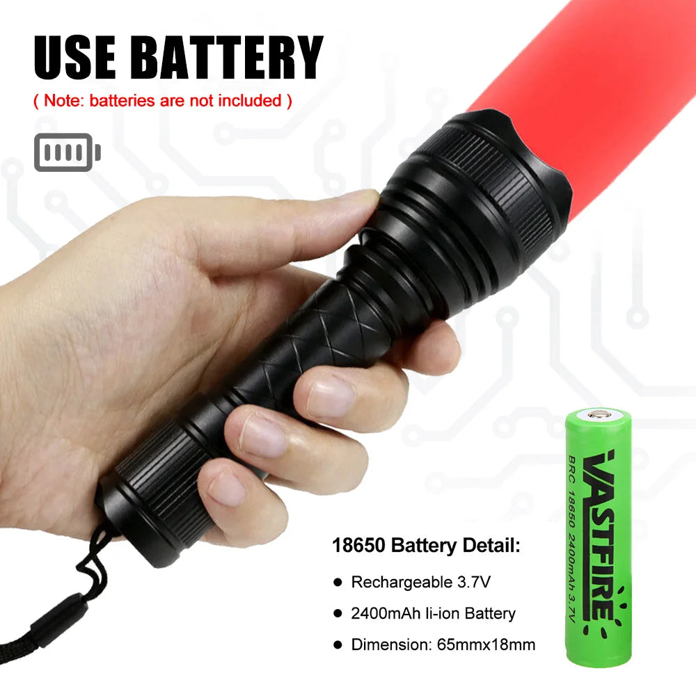 "USB rechargeable T21 tactical hunting flashlight with included battery."