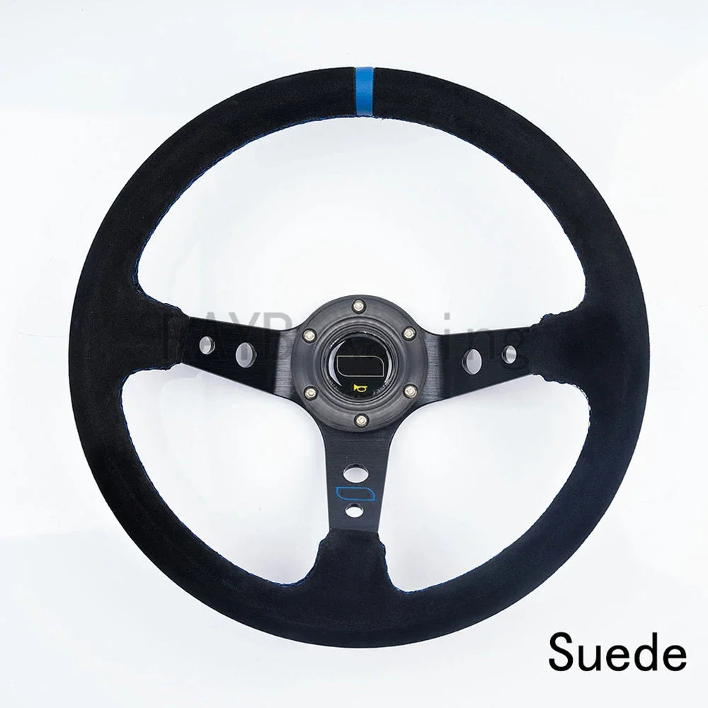 "Universal 14-inch racing steering wheel with black suede and PVC/PU grip, featuring blue stitching on aluminum frame."