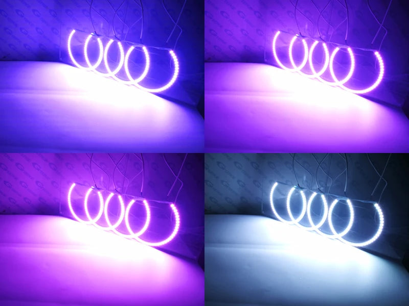 "Four piece RGB LED Angel Eye kit for select BMW models (E36, E38, E39, E46)."