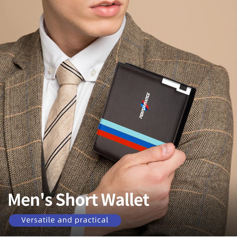 Suit-wearing man holding leather BMW-branded wallet for E36, E46 models.