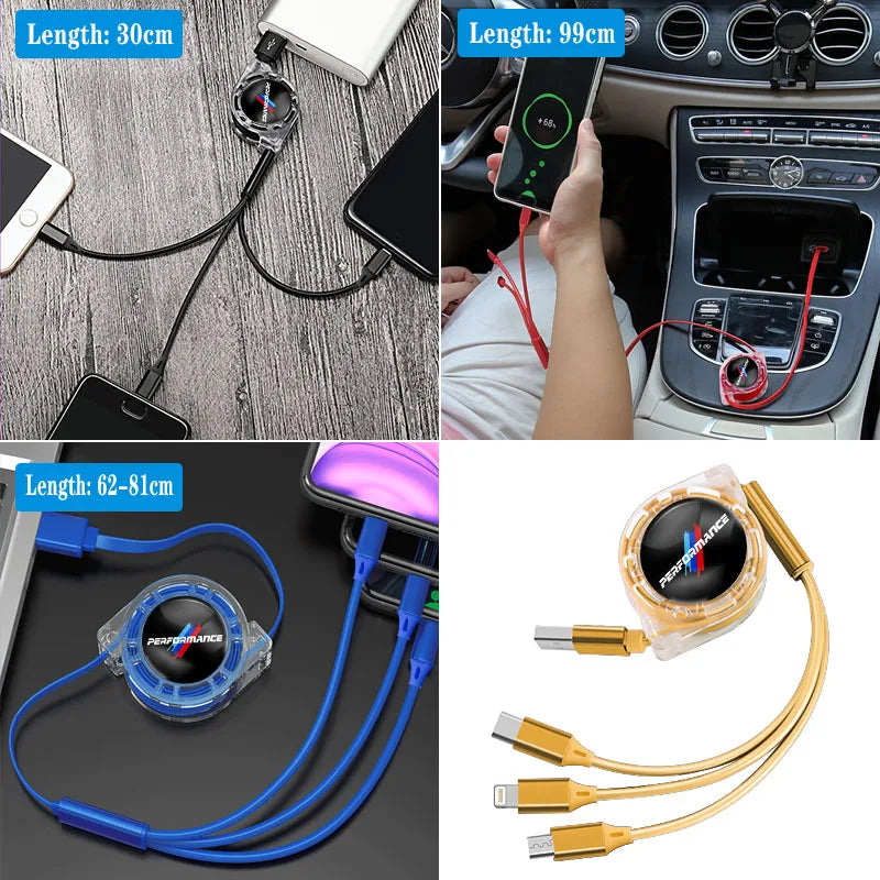 3-in-1 USB-C fast charging cable for BMW and universal use. Compatible with iPhone, iPad, and various devices.