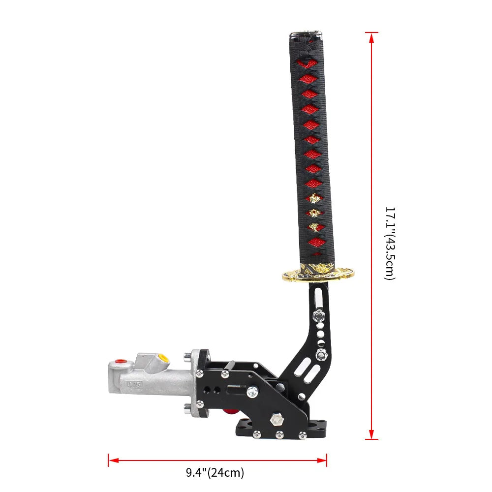 "Universal handbrake with black and red handle and white accent."

Or more succinctly, for even shorter alt text:

"Black-red