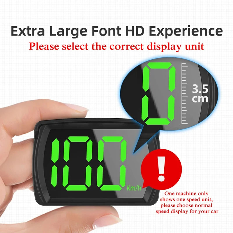 'Digital HUD speedometer on car windscreen. Extra-forged display reads speed in real time.'