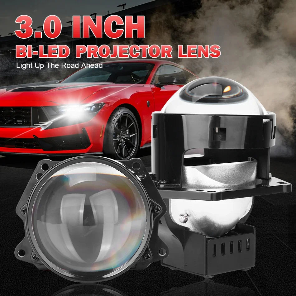 'Universal 3" Bi-LED Projector Lens - Improves visibility with dual LEDs. Fits most car makes. Upgrade your headlights.'