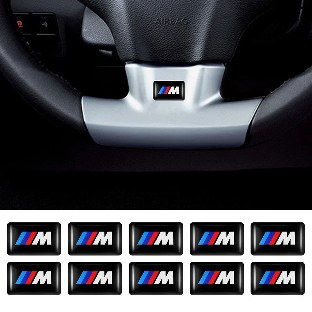 "3D M emblem epoxy decal set for BMW E36, E46, E90, X5, X6. Authentic BMW logo design."