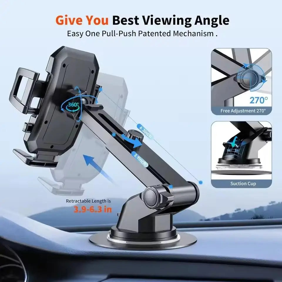 Universal suction cup phone mount for any device, super stable fit in car. Include words that actually describe the product's