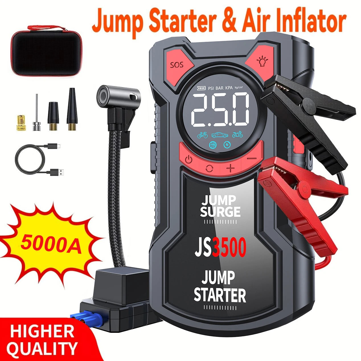 '5-in-1 Multifunction Air Pump + Jump Starter. Compressor, battery booster, inflator, LED light, and USB charger. Perfect eme
