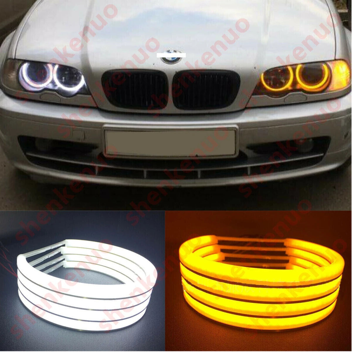 Four sets of BMW E36/E39 LED halo rings in white and amber.

Or, for a more detailed description:
Four sets of BMW E36/E39 LE