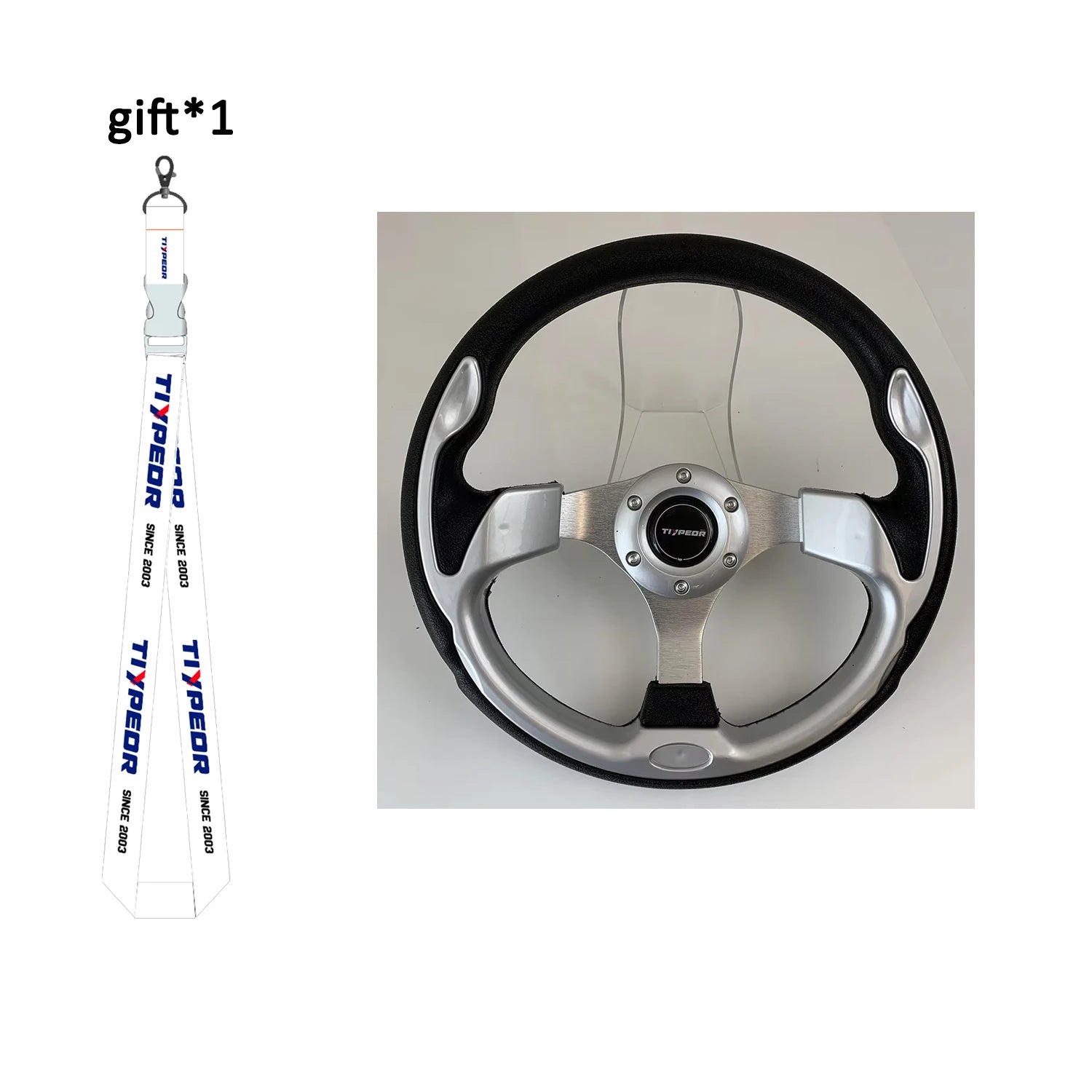13-inch universal fit racing style steering wheel with white and black stripe accents.