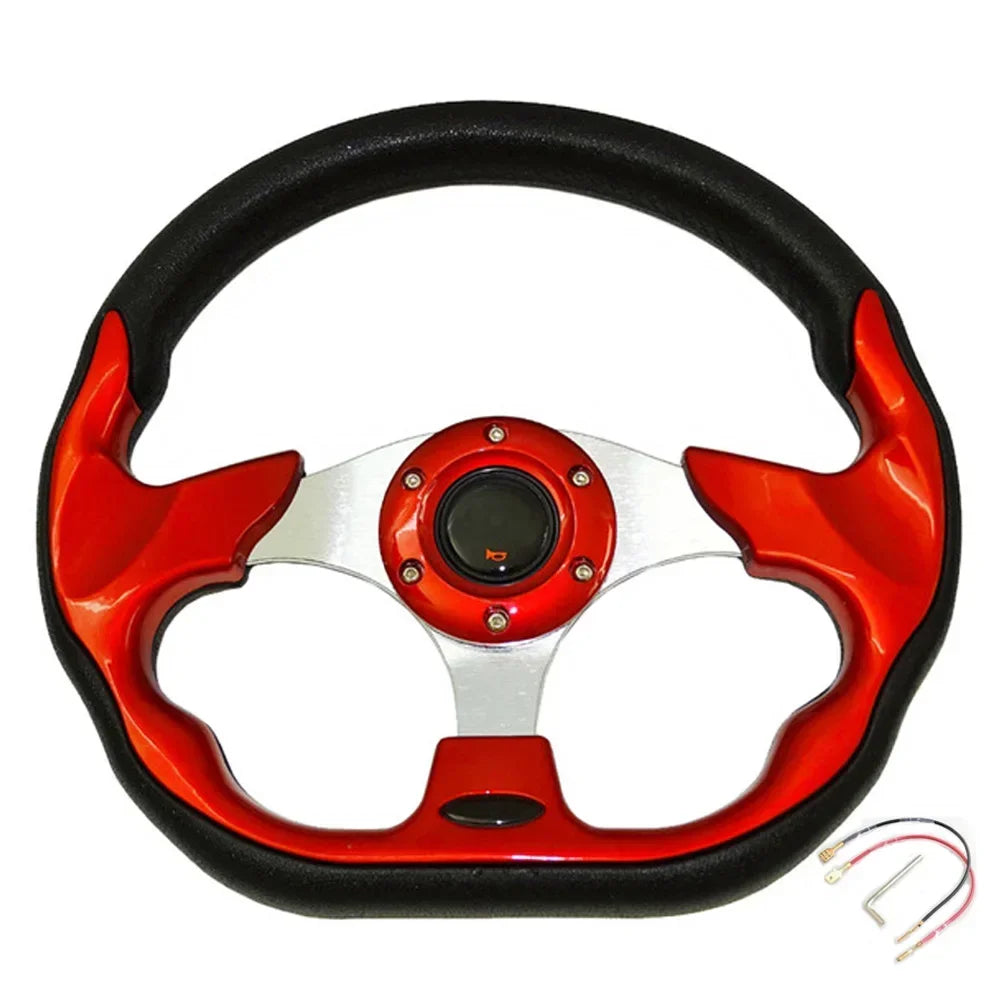Red and white/black-accented 13-inch universal racing steering wheel.