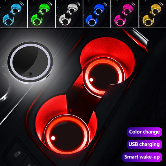 '7-color car LED coaster lights with cup holder integration. Illumines interior, compatible with cups.'