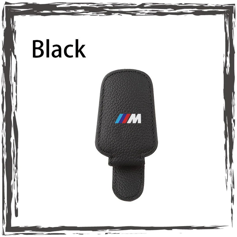 "BMW E36, E39, E46 magnetic sunglass clip with genuine leather finish."