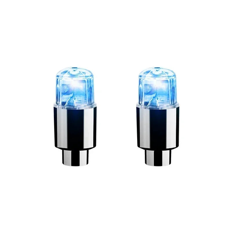 'Colorful LED wheel lights - set of 2 (blue). Fits valves on car/bike/motorcycle. Enhances visibility at night.'