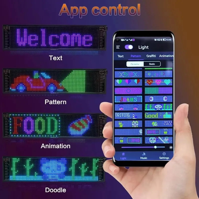 Two LED matrix panels for custom car displays, USB programmable, app controlled. Not included: user's smartphone showing vari