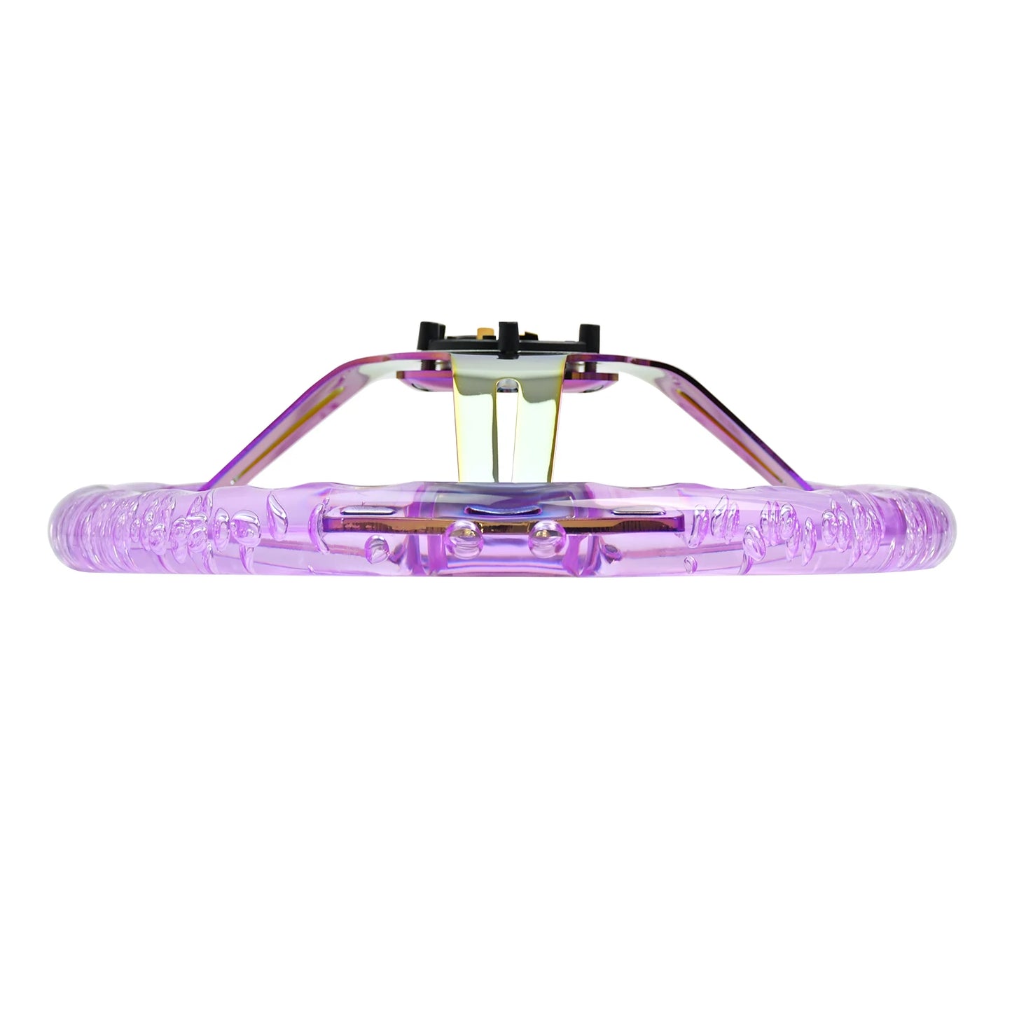 '350mm acrylic heart steering wheel in multi-color, featuring a clear plastic rim and colorful heart center.'