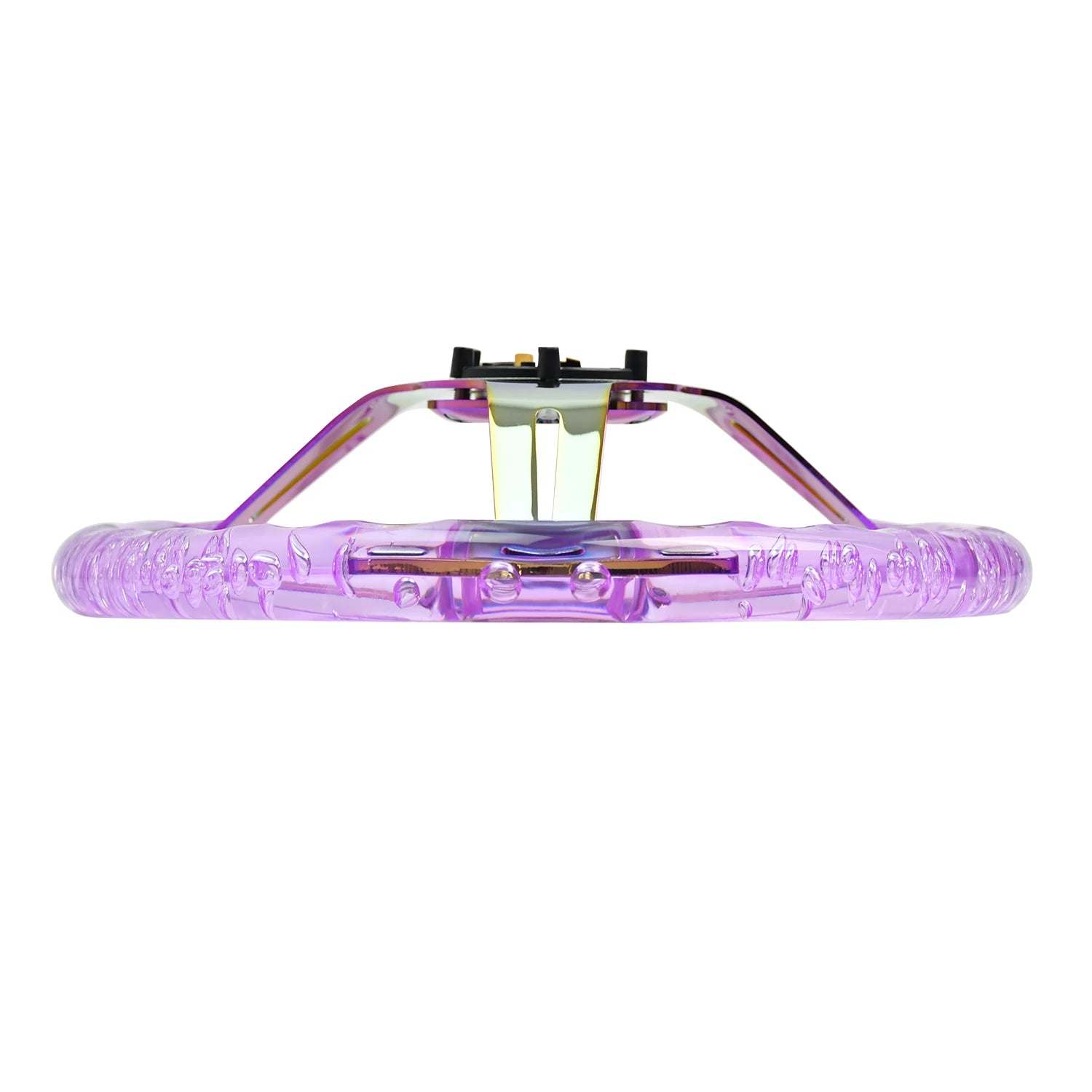 '350mm acrylic heart steering wheel in multi-color, featuring a clear plastic rim and colorful heart center.'