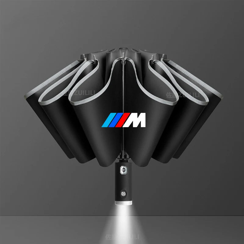 Black background with BMW logo for LED car sunshade umbrella compatible with BMW E36, E39, and E46 models.