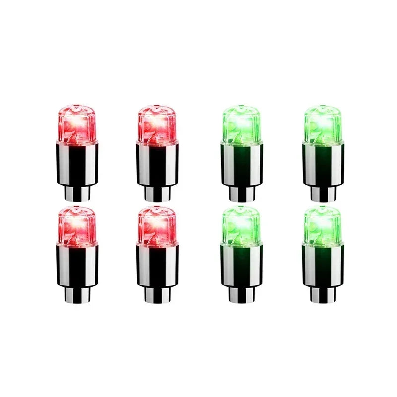 'LED wheel lights - 4-pack: Red, Green, White, and Red for car, bike, or motorcycle. Fits valve stems.'