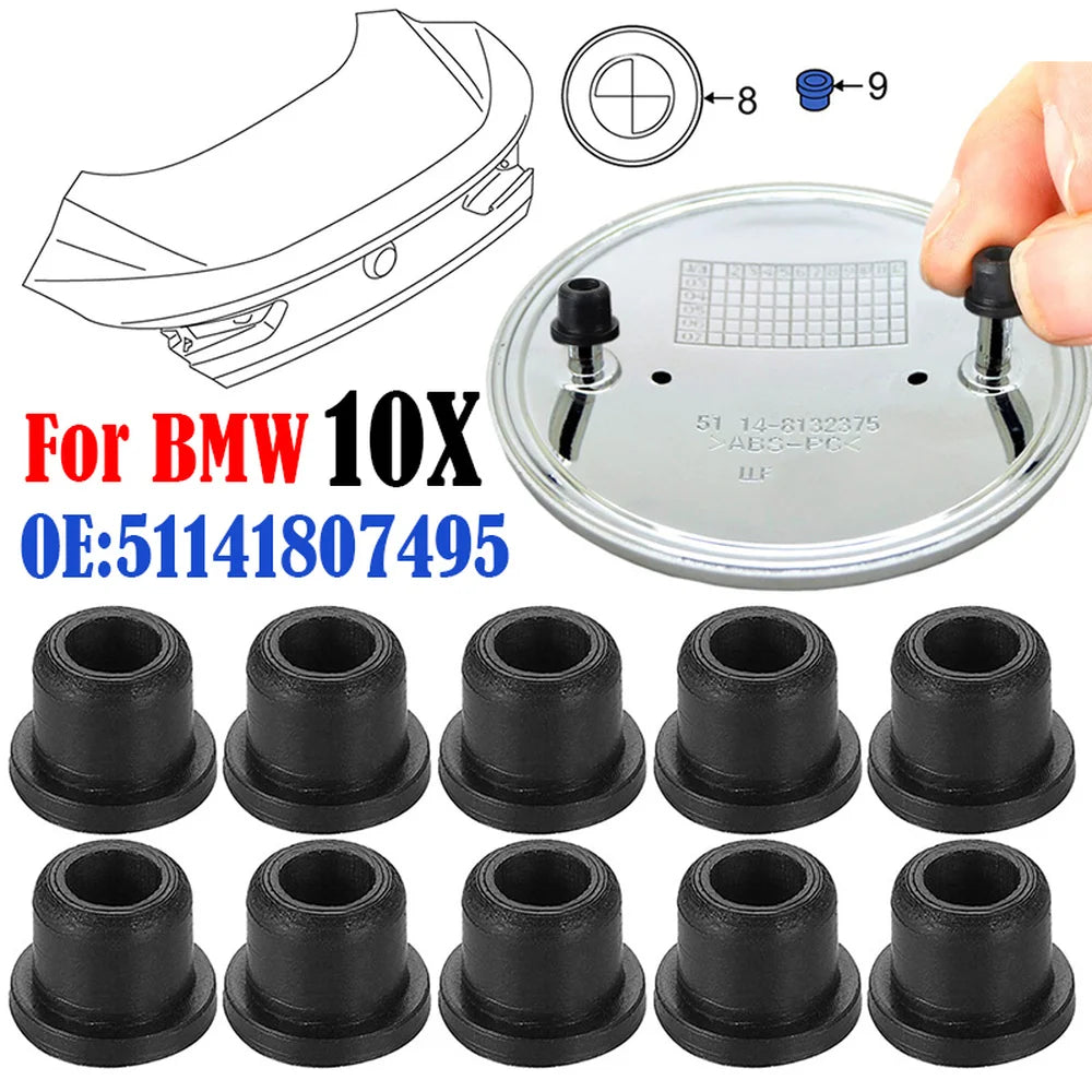 "BMW E-Class accessory: 10 pack of grommet clips for attaching emblems to car wheel hubs."