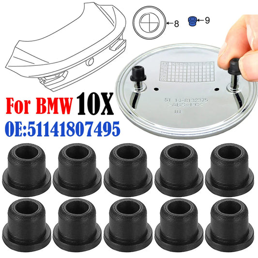 "BMW E-Class accessory: 10 pack of grommet clips for attaching emblems to car wheel hubs."
