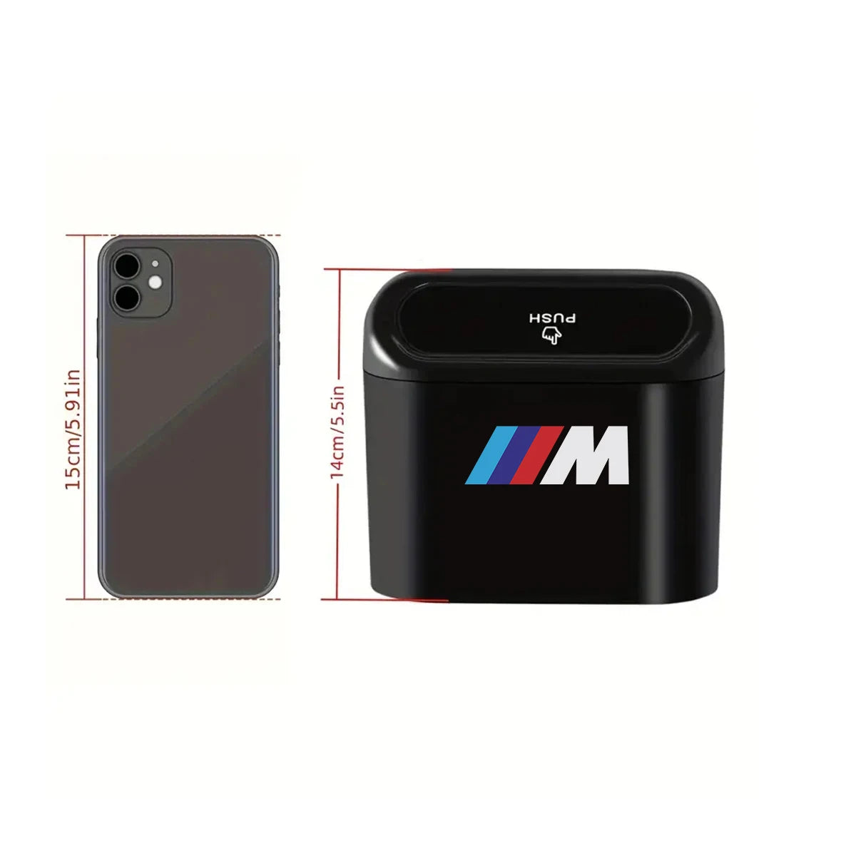 Mini BMW-branded car trash can with lid for select models (E36, E46, E90, X5). No electronics included.