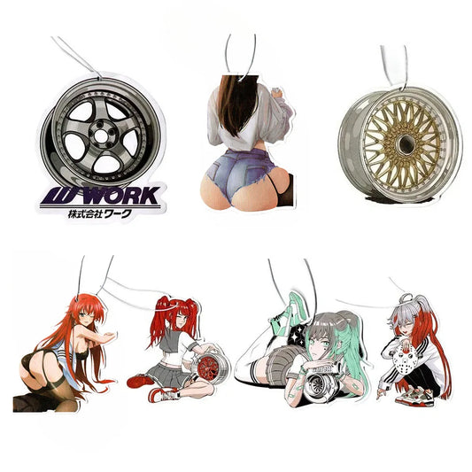 'JDM Culture Car Air Freshener - Anime Series Protagonists: 7 Characters.' Keep it brief and descriptive for accessibility.