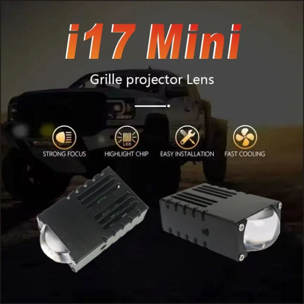 'Mini car LED headlights - 2 pairs, each with 5500K/3000K projector lenses. Fit: most 12V vehicles. OEM-style housing for mod