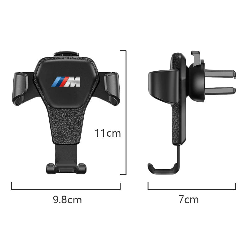 "BMW-compatible car phone mount for various models: E46, E36, E90, F30, F10. Universal design ensures secure phone holding."
