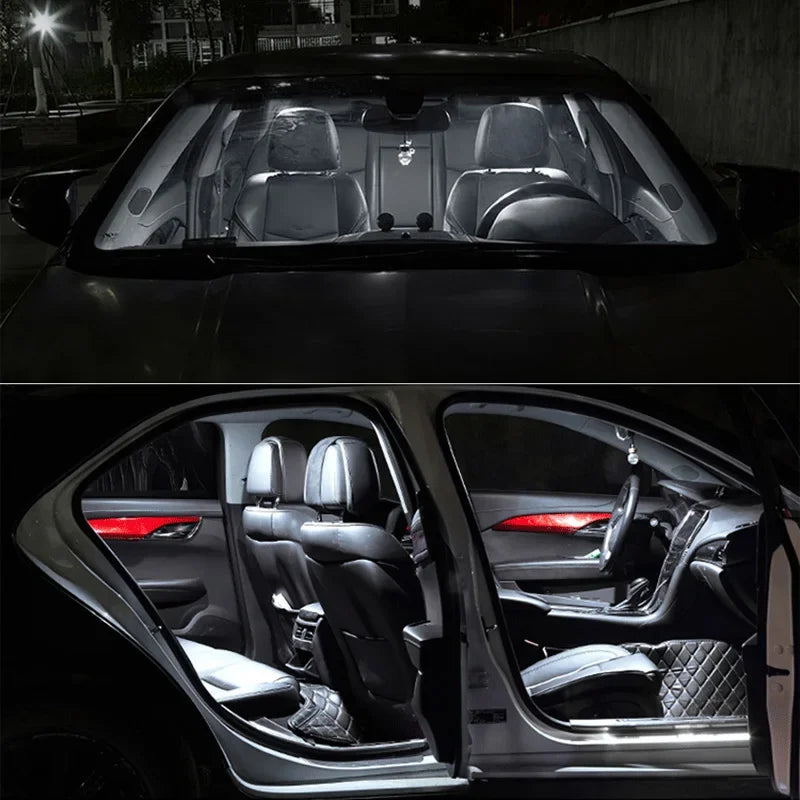 The BMW 3 Series LED Interior Light Kit (1990–2013) brightly lights up the car’s black seats at night with crisp white LEDs, seen from the windshield and side doors, enhancing your interior’s look.