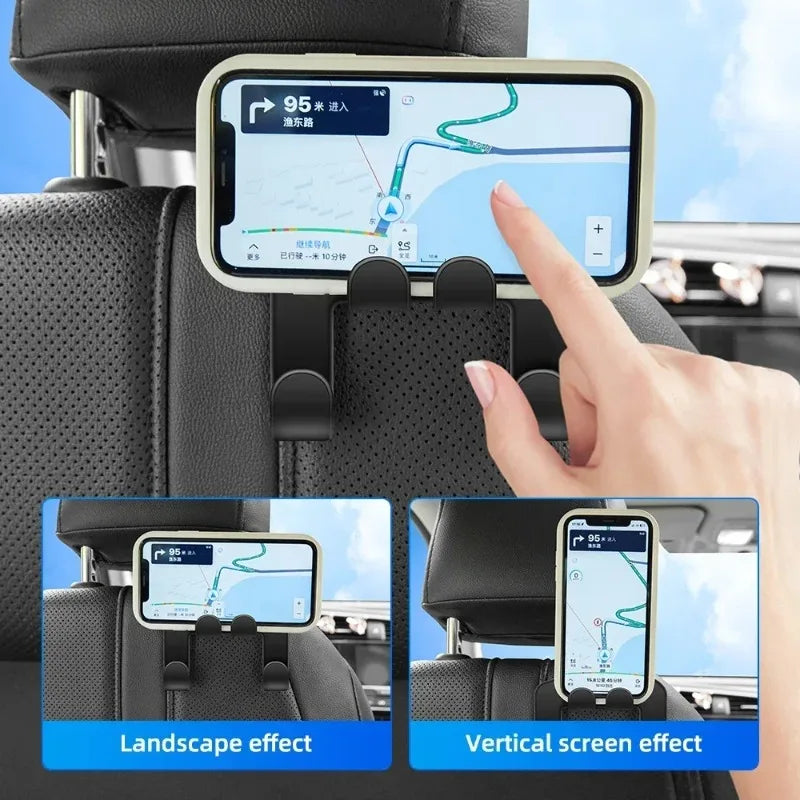 Universal black car hook for phones and accessories. Fits all models. Organizer hanger with adjustable grip.